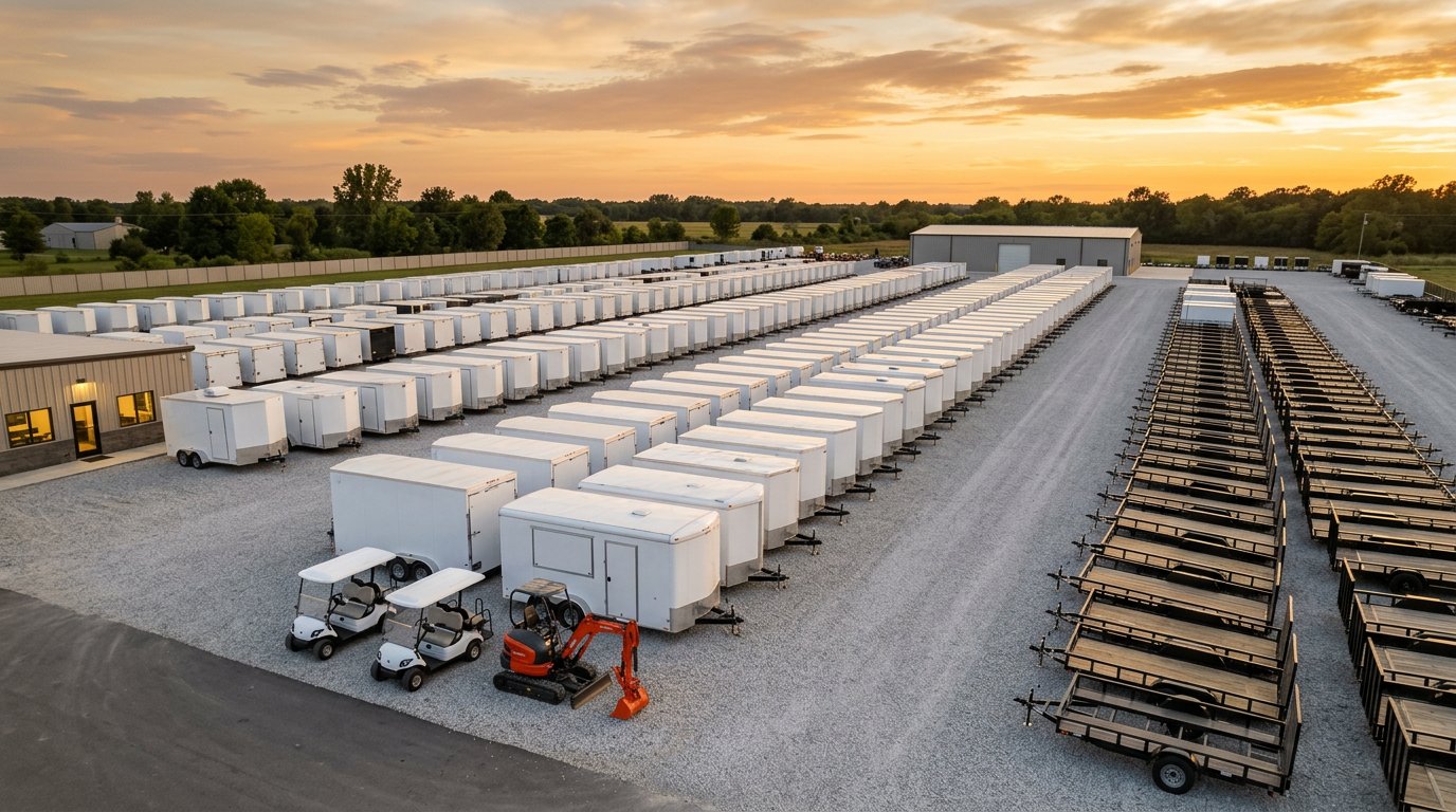 Heavy equipment, trailers and golf carts of the kind Prosource Equipments sells, ready to work